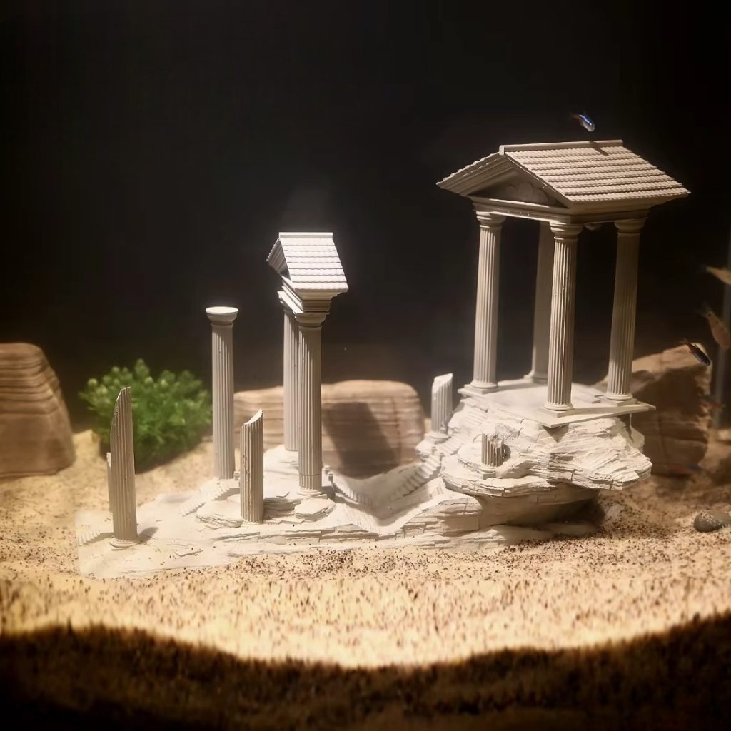 Décor aquarium en résine ruines romaines antiques, beige, pour bac 400x300mm