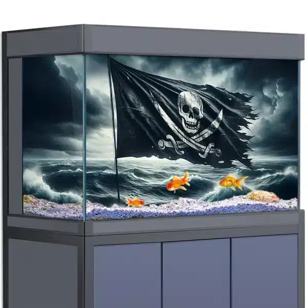 Autocollant fond aquarium drapeau pirate 90x60cm sur mer orageuse