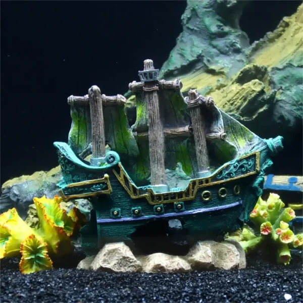Décor aquarium épave bateau pirate fantôme résine verte 15cm