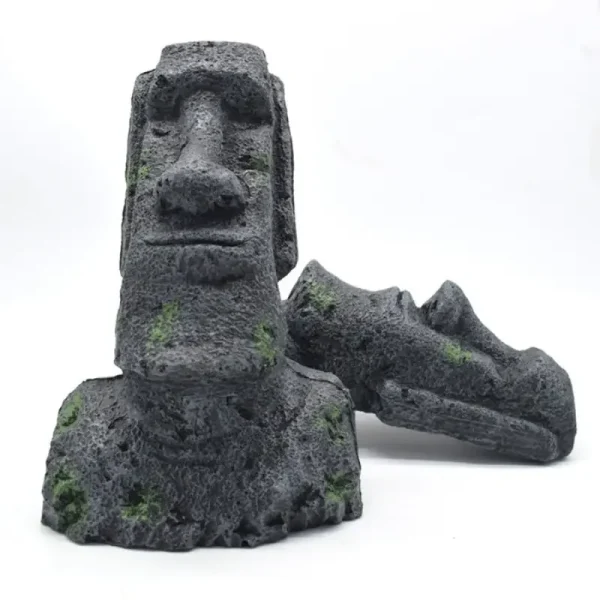 Décoration aquarium : statues Moaï en résine, gris-vert, tailles différentes