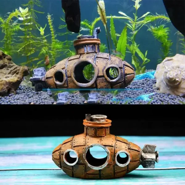 Décoration aquarium petite épave sous-marin marron en résine