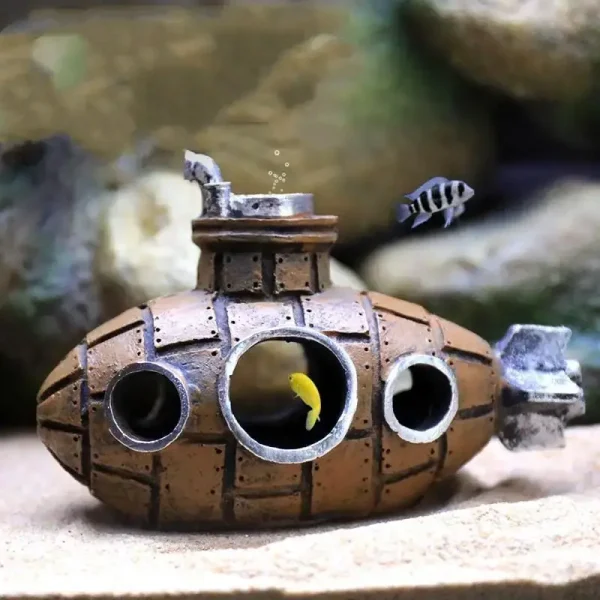 Décoration aquarium petite épave sous-marin marron résine