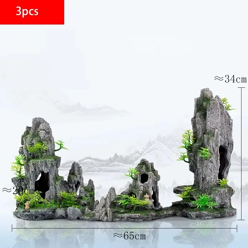 Décoration rochers résine aquarium paysage asiatique 65x34cm 3 pièces
