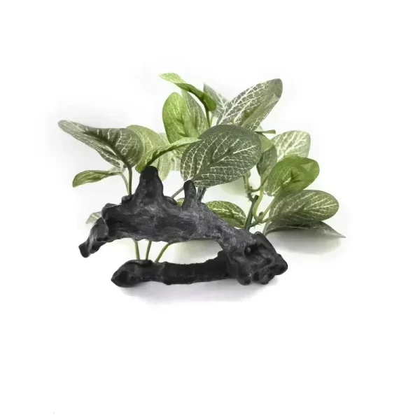 Plante artificielle d'aquarium verte en plastique, nervures blanches, base lestée.