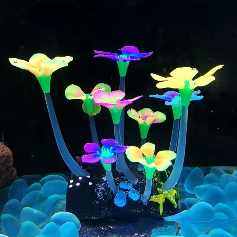 Décoration d'aquarium silicone fluorescent champignons multicolores