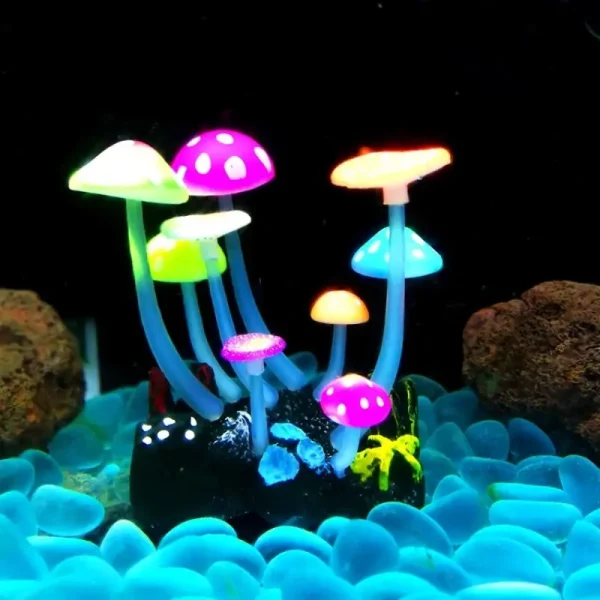 Déco aquarium silicone fluorescent champignons multicolores