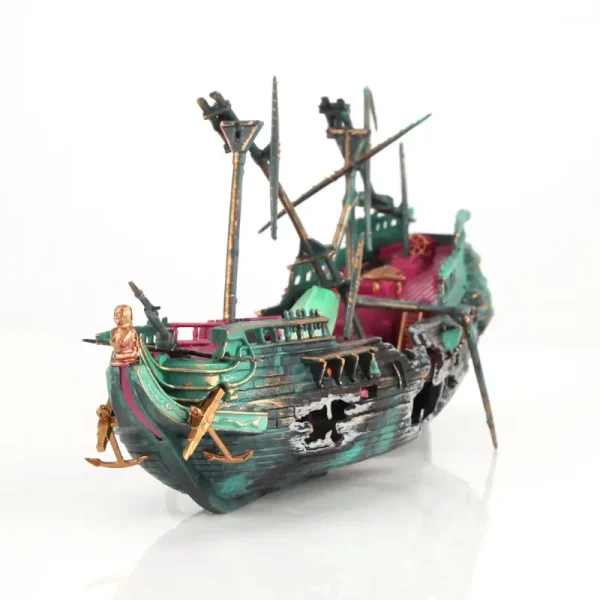 Décoration aquarium plastique épave galion pirate vert-de-gris endommagée
