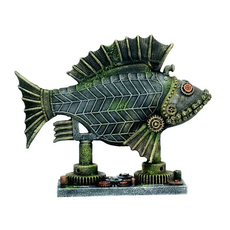 Statue poisson steampunk mécanique, finition vieillie