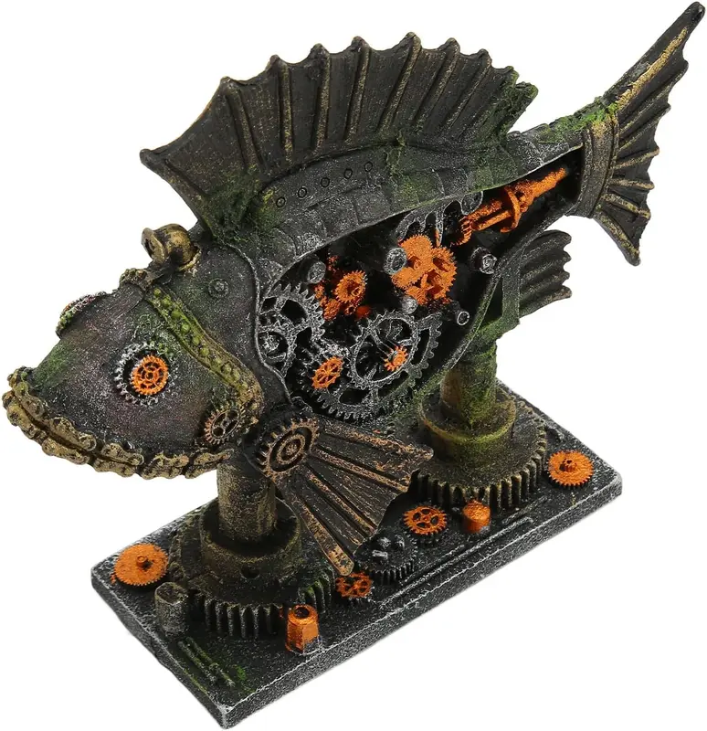 Statue poisson steampunk mécanique, finition vieillie, sur base