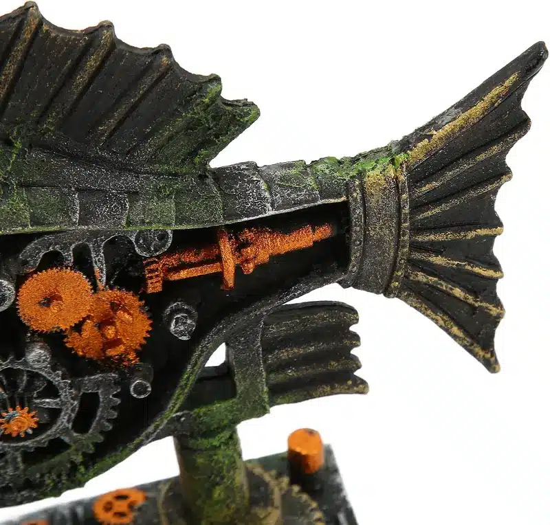 poisson steampunk mécanique, finition vieillie, sur base