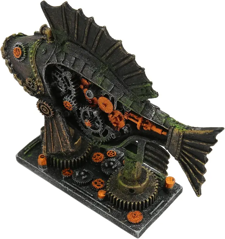 Déco Statue poisson steampunk mécanique, finition vieillie, sur base