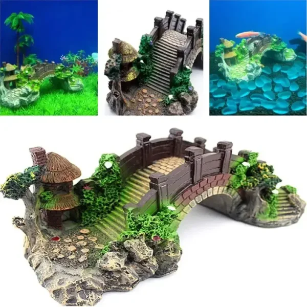Décoration aquarium résine, pont miniature, maison chaume