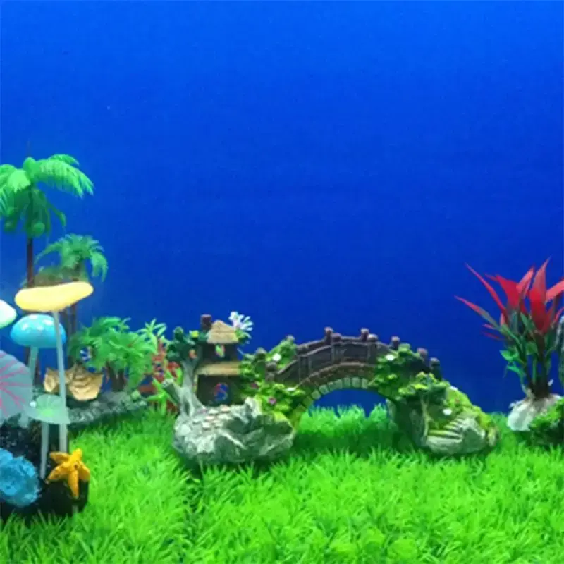 Décoration aquarium en résine, pont miniature, maison chaume, végétation, paysage