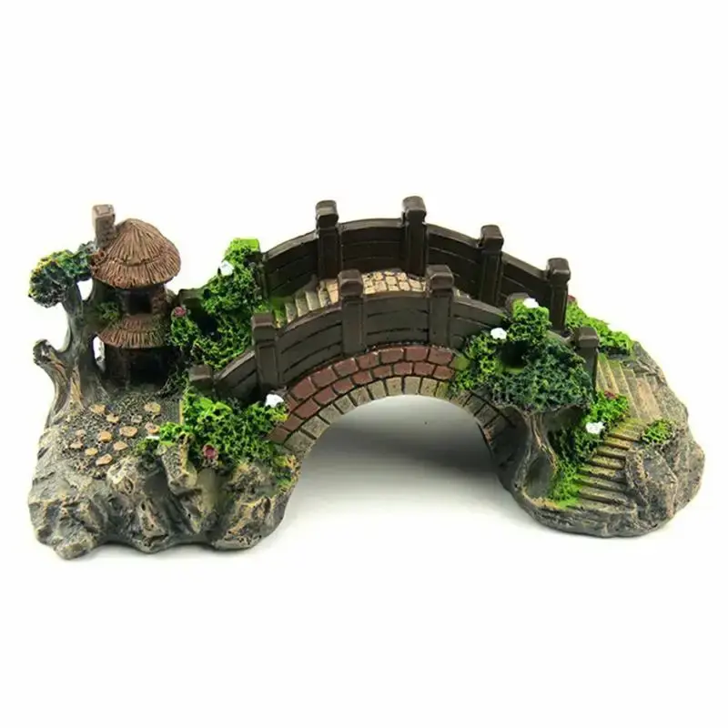 Déco aquarium résine, pont miniature, maison chaume, végétation, paysage