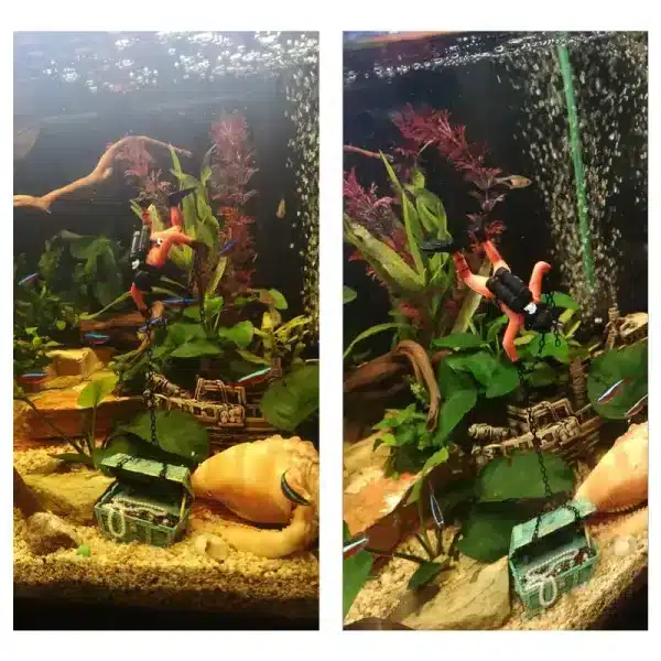 Déco aquarium animé plongeur orange coffre trésor vert chaîne noire