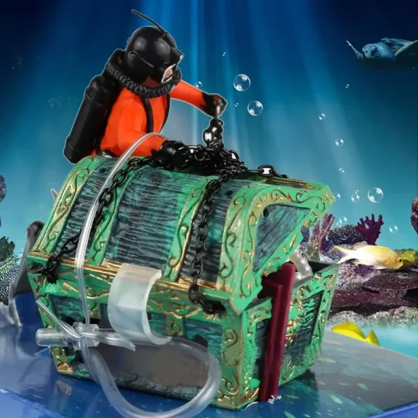 Décoration d'aquarium animé plongeur orange coffre trésor vert chaîne noire