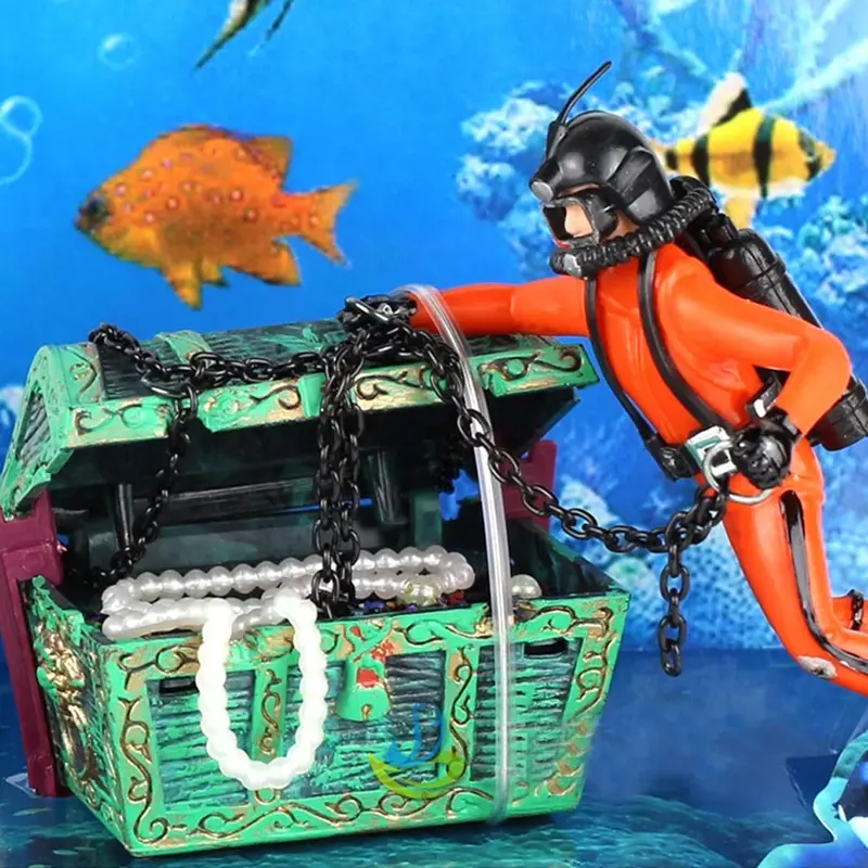Décoration aquarium animé plongeur orange coffre
