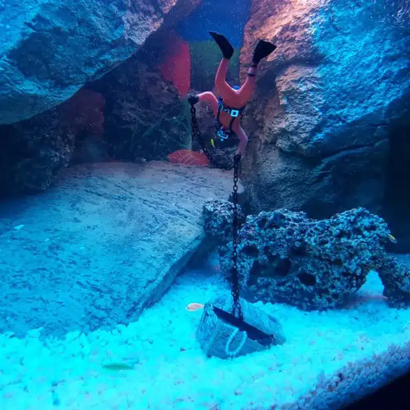 Décoration aquarium animé plongeur orange coffre trésor chaîne noire