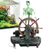 Déco aquarium squelette pirate vert au gouvernail sur base résine avec tube connexion