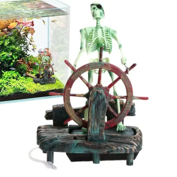 Déco aquarium squelette pirate vert au gouvernail sur base résine avec tube connexion