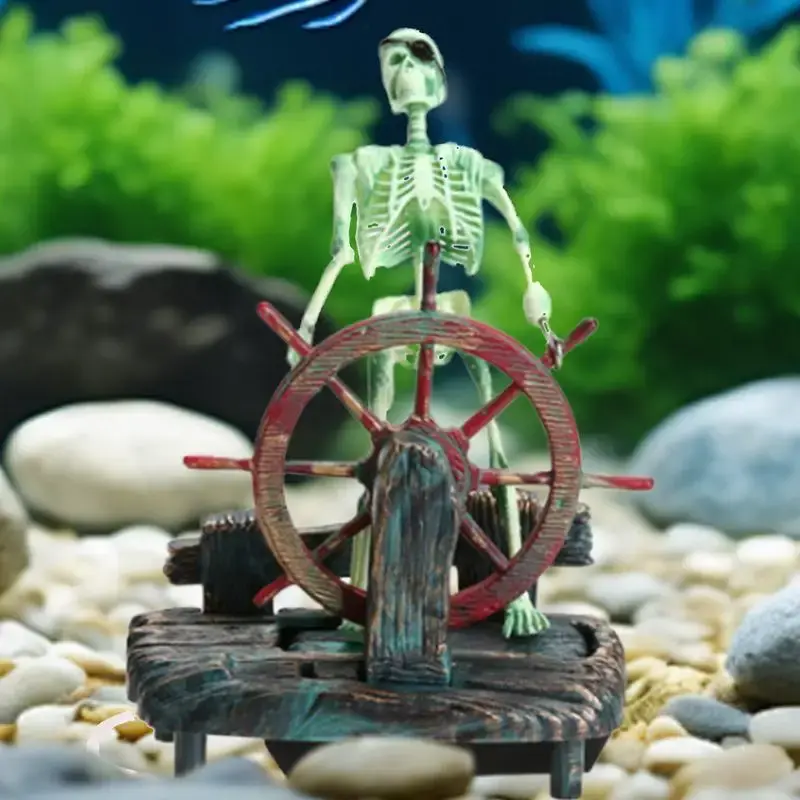 Ornement aquarium squelette pirate vert au gouvernail sur base résine avec tube connexion