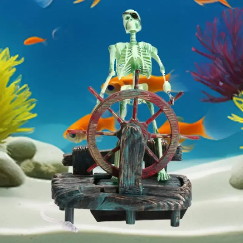 Décor aquarium squelette pirate vert au gouvernail sur base résine avec tube connexion