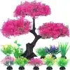 Plantes artificielles aquarium : arbre rose 30cm, 9 petites plantes couleurs variées