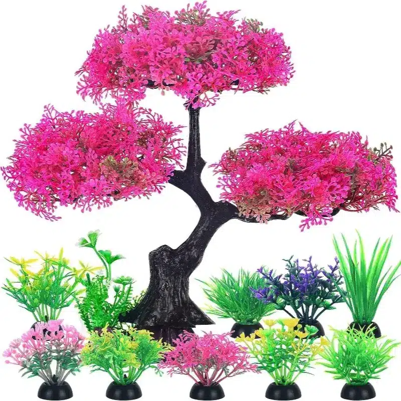 Plantes artificielles aquarium : arbre rose 30cm et 9 petites plantes couleurs variées