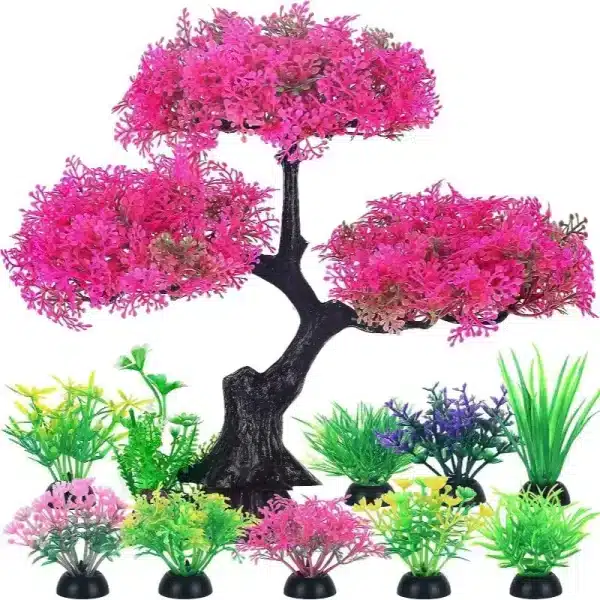 Plantes artificielles aquarium : arbre rose 30cm, 9 petites plantes couleurs variées