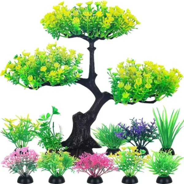 Ensemble plantes artificielles aquarium : arbre vert, petites plantes colorées variées.