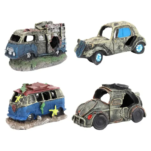 Lot de 4 décorations aquarium miniatures épaves de véhicules en résine