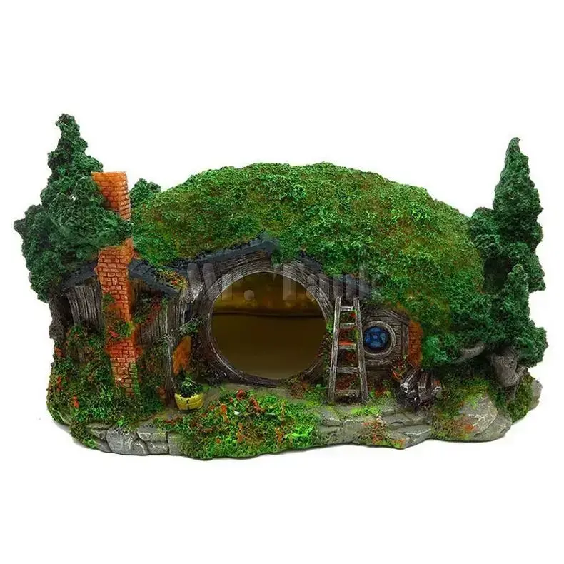 Accessoire aquarium maison hobbit verte résine, porte ronde, tunnel cachette