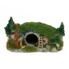 Décoration aquarium maison hobbit verte résine, porte ronde, tunnel cachette
