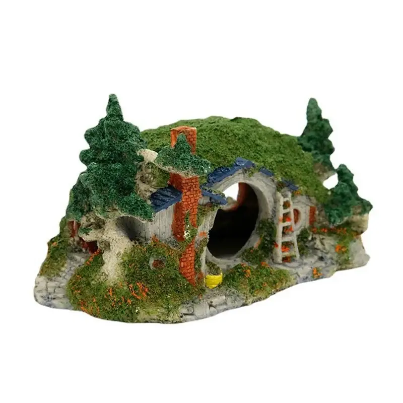 Déco aquarium maison hobbit verte résine, porte ronde, tunnel cachette
