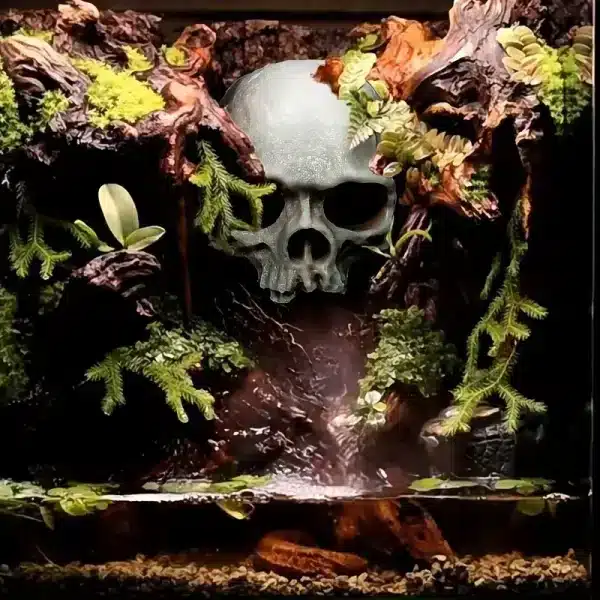 Crâne décoration aquarium résine gris foncé posé sur sable