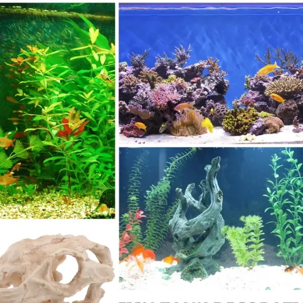 Ornement aquarium crâne de dinosaure en résine beige aspect fossile