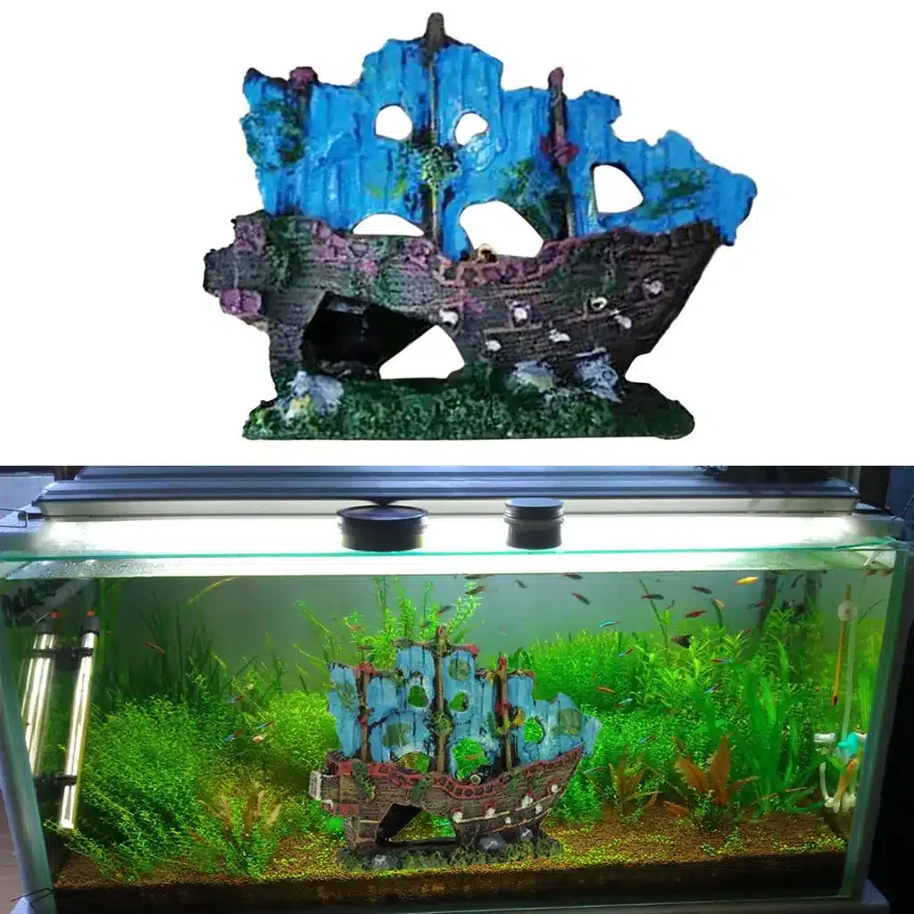 Déco aquarium résine épave navire pirate bleu gris vieilli