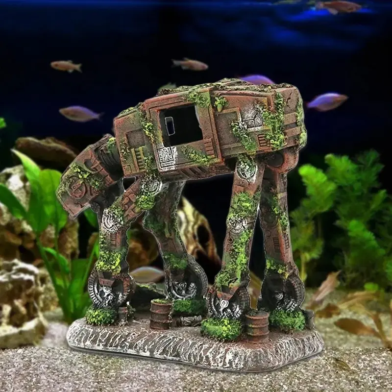 Décoration aquarium robot AT-AT ruine 14cm en résine mousse verte