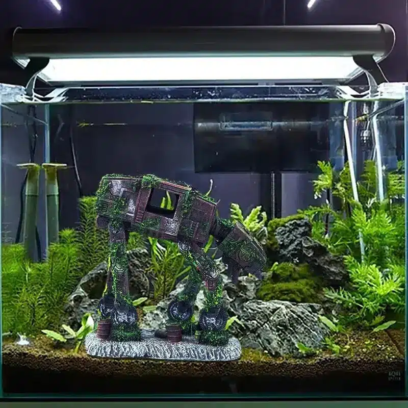 Décoration aquarium robot AT-AT ruine 14cm en résine et mousse verte