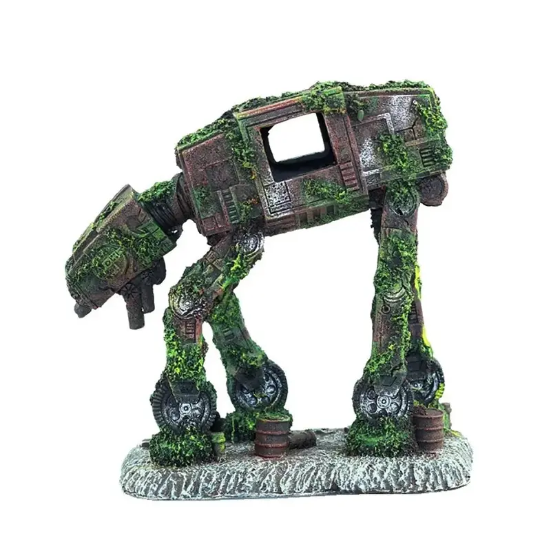 Décoration aquarium robot AT-AT ruine 14cm résine mousse verte