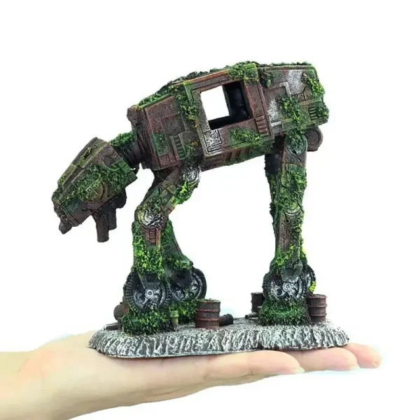 Déco aquarium robot AT-AT ruine 14cm résine mousse verte