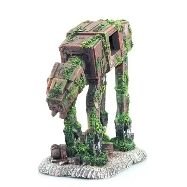 Décoration d'aquarium robot AT-AT ruine 14cm résine mousse verte
