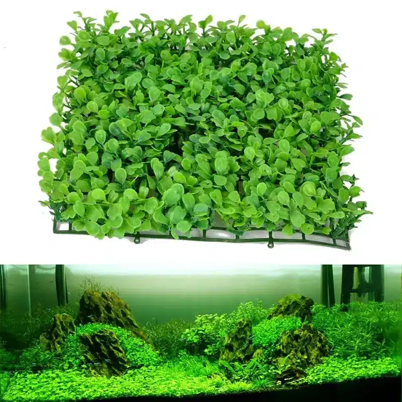 Tapis herbes artificielles vertes en plastique pour aquarium et décoration, vues variées.