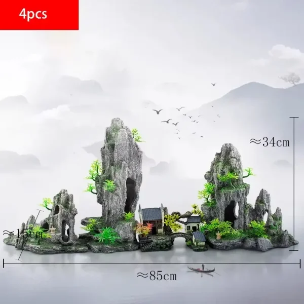 Ornement aquarium paysage rocheux asiatique village avec pont