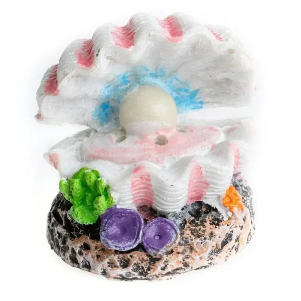 Ornement aquarium résine coquillage perle blanc ouvert et fermé sur base