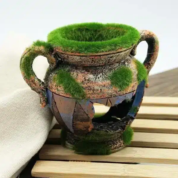 Vase décoration d'aquarium résine ancien cassé mousse verte
