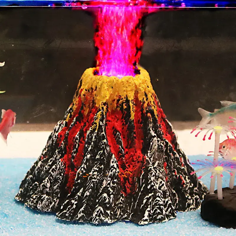 Accessoire volcan 15cm aquarium avec effet éruption LED rose et bulles