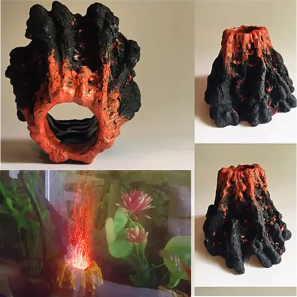 Décoration volcan 15cm aquarium avec effet éruption LED rose