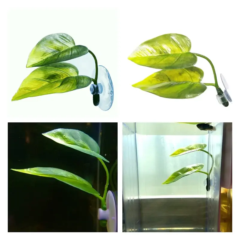 Ornement Aquarium : 2 Feuilles Artificielles Betta 8x9cm Ventouse