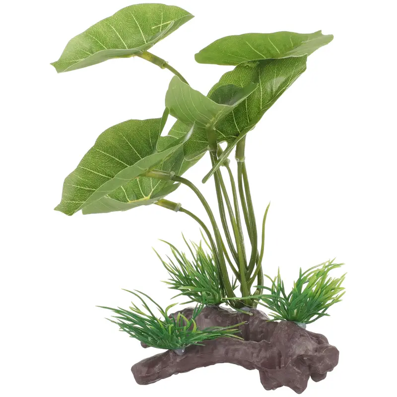 Deco Plante artificielle réaliste pour aquarium, feuilles vertes et base imitation bois en plastique.